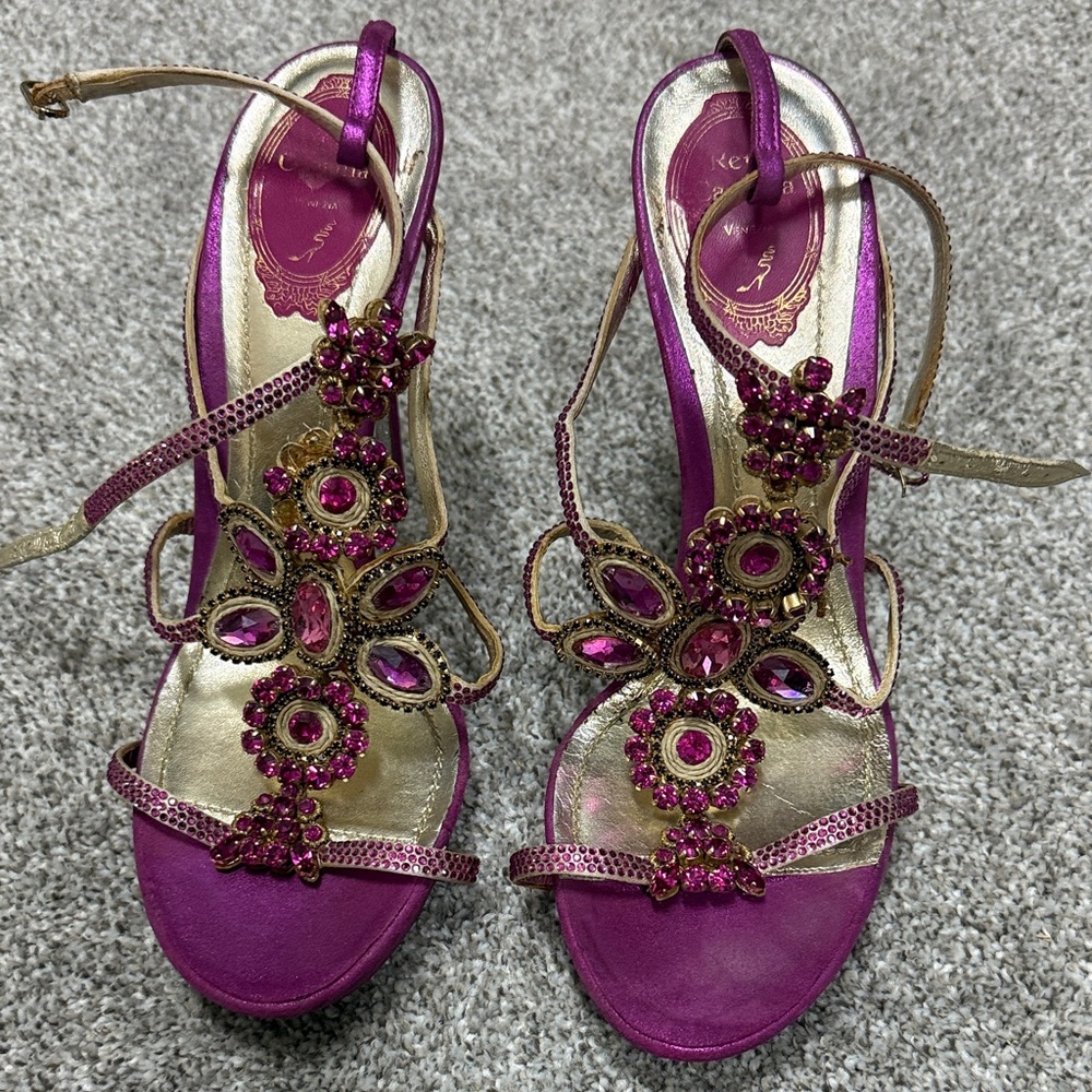 Rene Caovilla Purple and Gold Embellished Heels